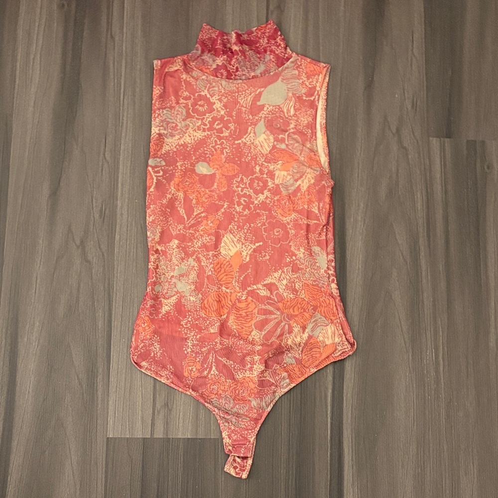 Free People Coral Floral Mock Neck Bodysuit